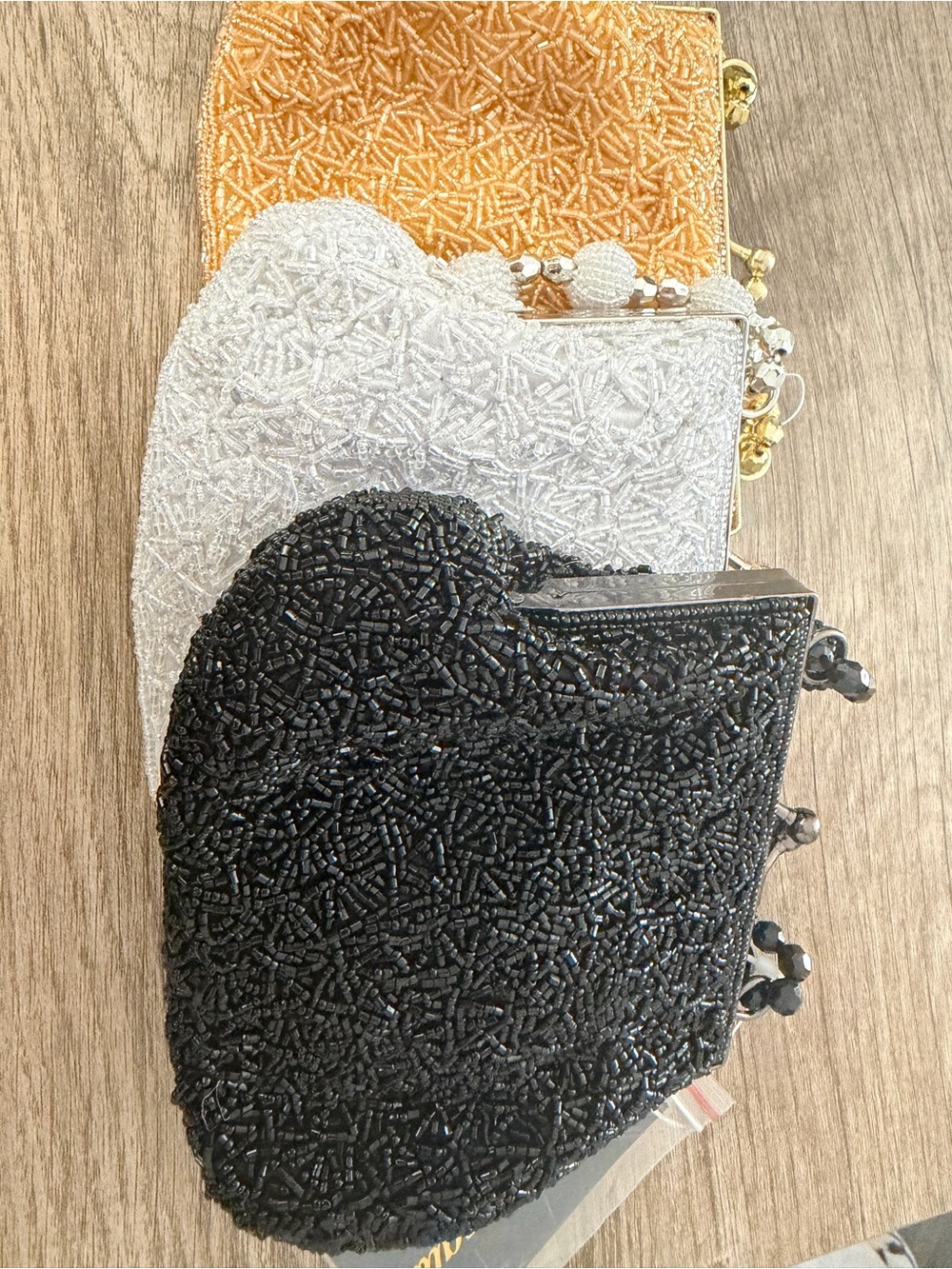 Beaded Heart Wristlet Clutch in Black, silver & Gold